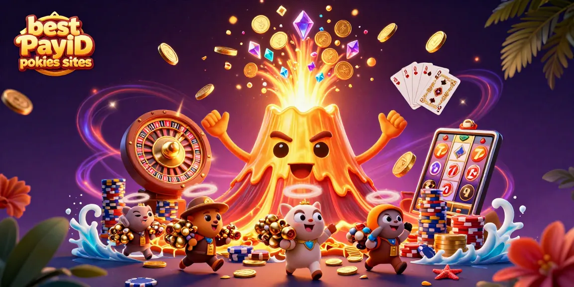 Engaging illustration showcasing best PayID pokies sites with vibrant casino elements and a golden volcano.