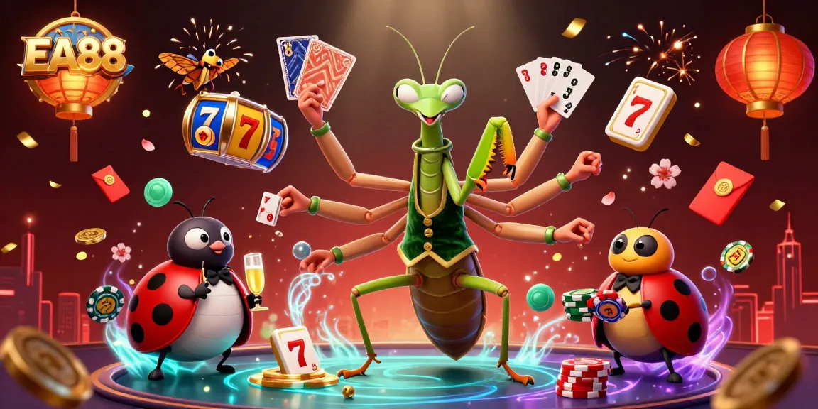 Experience the thrill of EA88 with a lively casino scene featuring a giant praying mantis dealer and lively gambling action.