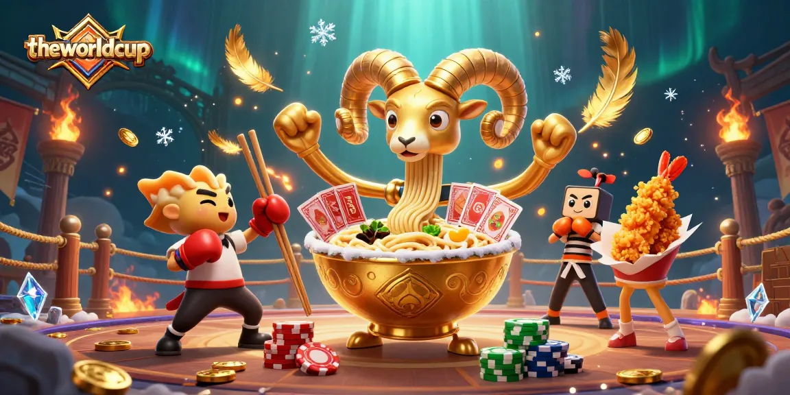 Theworldcup champions rejoice with vibrant ramen bowl characters dealing cards, surrounded by dynamic gambling elements.