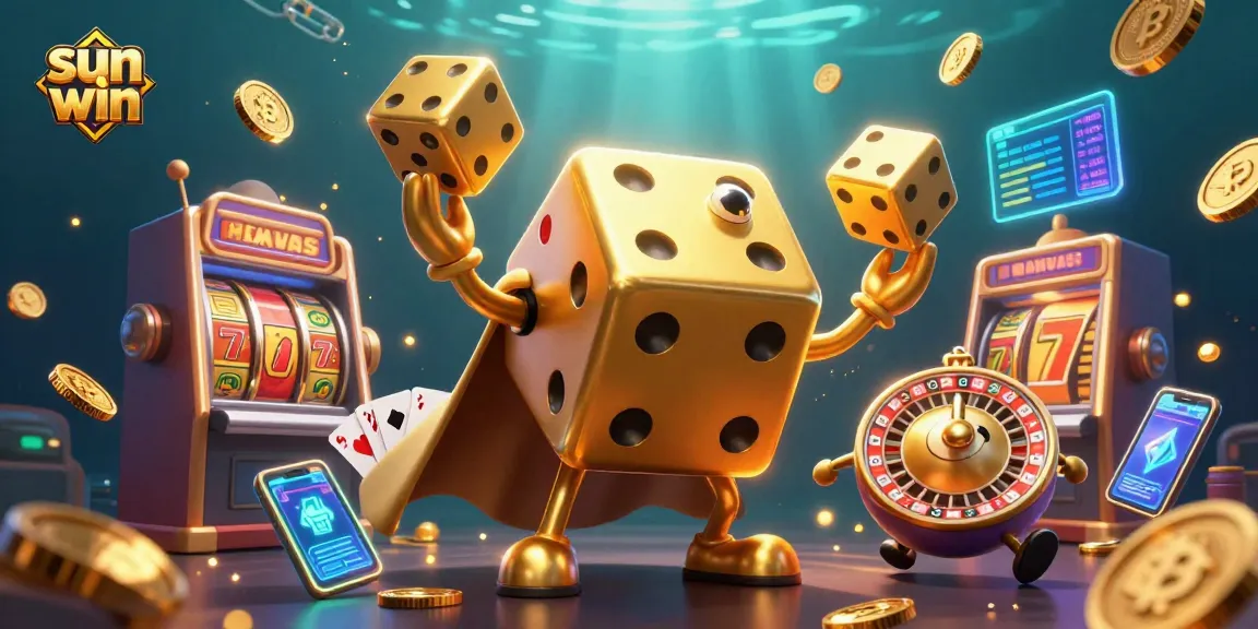 Experience excitement with sun win's dynamic 3D casino illustration featuring lively characters and casino elements.