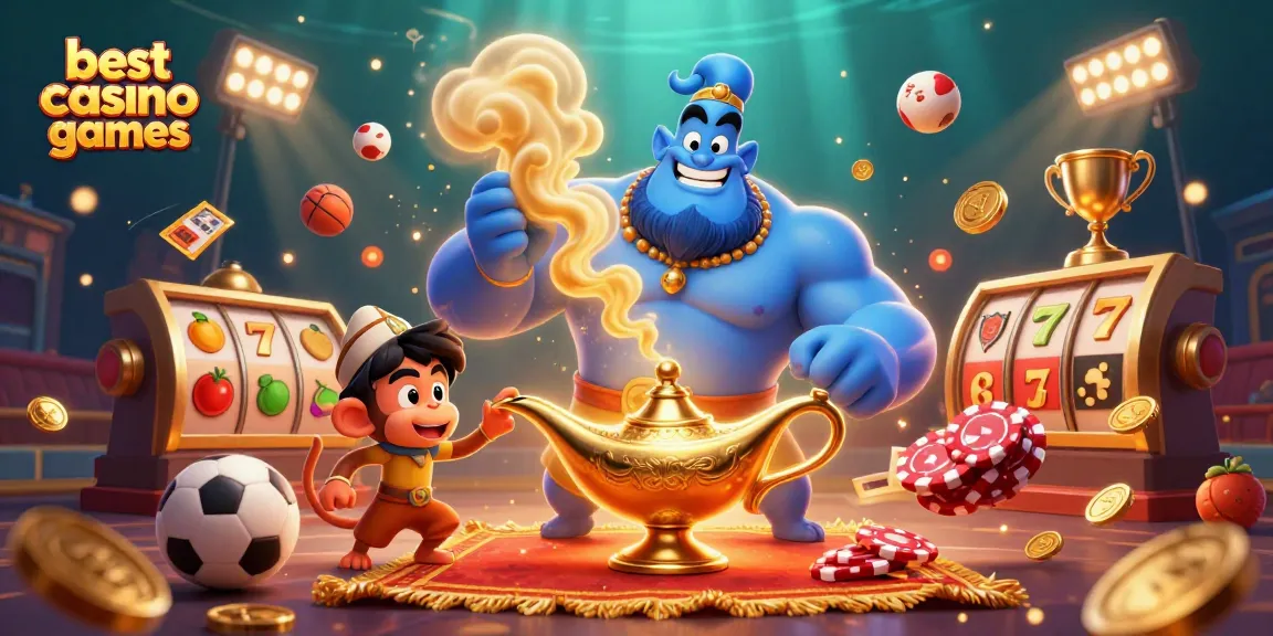 Engage with the best casino games through vibrant 3D illustration featuring a genie, monkey, and rich gaming elements.