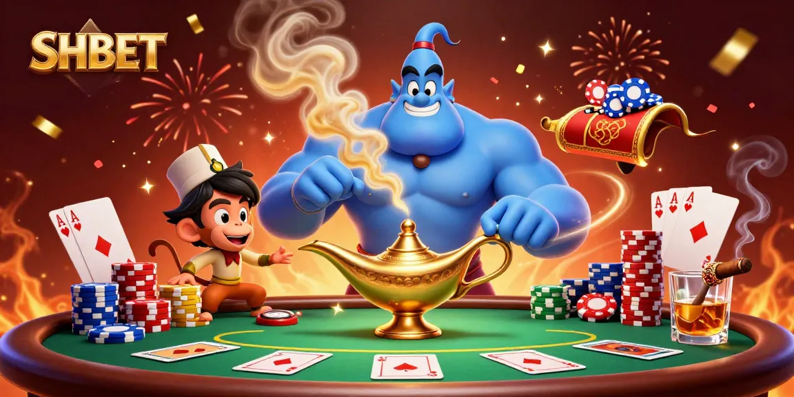 Engage with SHBET's thrilling casino world featuring a dynamic 3D scene of poker action and vibrant characters.